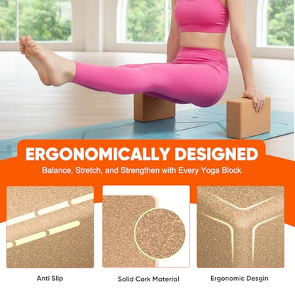 Cork Yoga Blocks for Pilates & Meditation, Non-Slip Moisture-Proof Lightweight Bricks, Supportive Eco-Friendly Equipment for Stretching & Pose Enhancement(1pack/2pack)