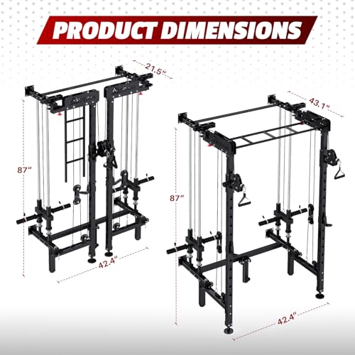 Folding Squat Rack, Wall Mounted Power Rack with Cable Crossover Machine & LAT Pull Down Multi-Function Space-Saving Power Cage with 7 Adjustable Modes/Dual Pulley System/Pull-up Bar/360°Landmine