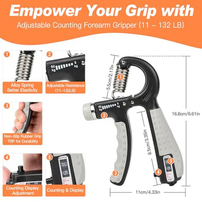 CYFIE Grip Strength Trainer Kit, Adjustable Hand Gripper Strengthener, Forearm Strengthener & Finger Exerciser Set with Finger Stretcher, Stress Ball & Grip Ring for Athletes, Rock Climbing & Rehab - color: Red & Black