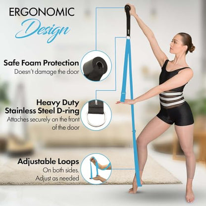 Stretching Strap With Door Anchor - Stretching Equipment to Improve Legs Flexibility - Splits Trainer For Home Ideal In Ballet, Dance, Cheerleading, Taekwondo, Yoga, Pole Dancing & Gymnastics - color: Light Blue