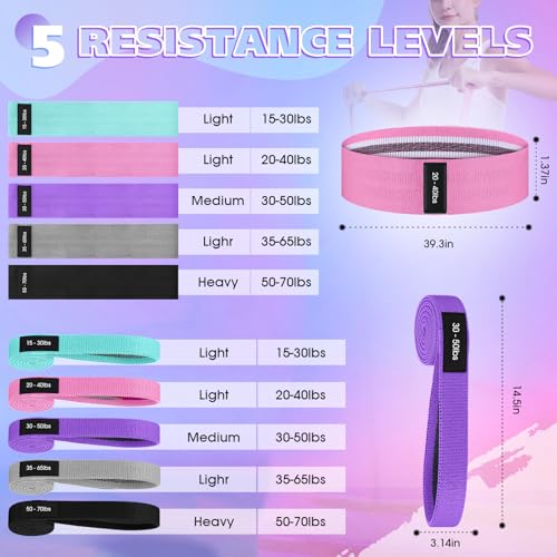 10 Pcs Fabric Resistance Bands for Working Out, 5 Levels Elastic Non-Slip Exercise Bands with Guide for Women and Men Legs and Glutes - for Home, Gym, Yoga, Pilates, Stretching