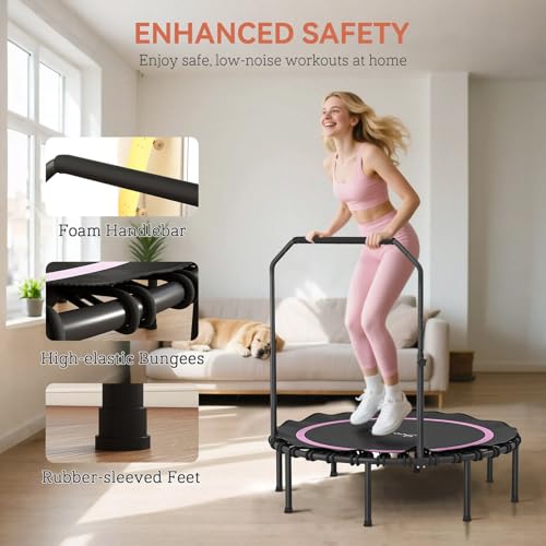 40/48 Inch Foldable Fitness Trampoline – Adjustable Foam Handle, Quiet Stable Rebounder for Home Gym, Kids & Adults – Indoor/Outdoor Exercise Equipment - color: Pink