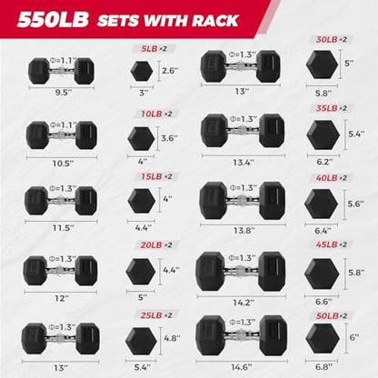 RitFit Rubber Hex Dumbbell Set with Storage Weight Rack - style: 550 LBS (5-50LB)