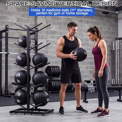 Medicine Ball Rack Storage Metal Durable Tree Holds 10 Slam Balls up to 11 Inch Diameter Vertical Gym Organizer Stand Holder for Organized Gym Fitness Studio Commercial Equipment Storage Black