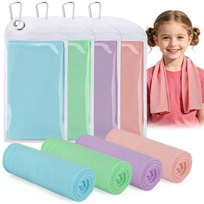 4 Pack Mini Cooling Towels (30"x9") - Kids Cooling Towel, Soft Breathable Cooling Neck Wraps with UPF 50 Sun Protection for Boys Girls Running Exercise Parent-child Activities School Outdoor Sports