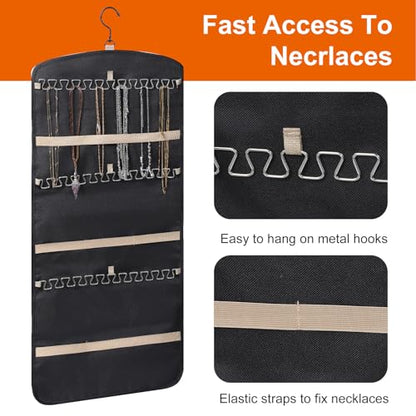 2 Pack Hanging Organizer Storage with 39 Pockets & 30 Hooks, Double Sided Wall Mount Jewelry Display for Earrings, Bracelets, Necklaces, Closet Door (Black, Large)