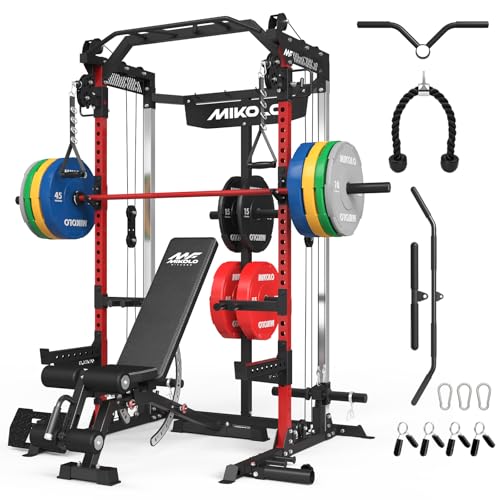 Mikolo Power Cage, 2000LB Power Rack with Independent Dual Pulley System, Multi-Function Home Gym Workout Machine for Cable Crossover and Squat - color: Red, size: 370LB Colored Package