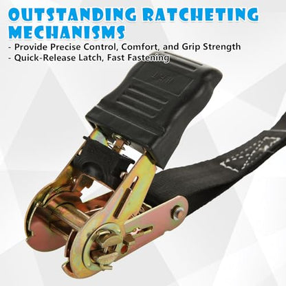 4pc 1in Ratchet Straps - Heavy Duty 20ft Tie Downs with Hooks, Black Ratcheting Straps for Motorcycle & Trucks - 2645 LBS Strength - color: Black
