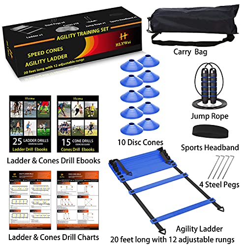 Speed Agility Training Set, Includes 1 Agility Ladder, 4 Steel Stakes, 1 Sports Headband,1 Jump Rope, 10 Disc Cones and Gym Carry Bag - Speed Training Equipment for Soccer Football Basketball