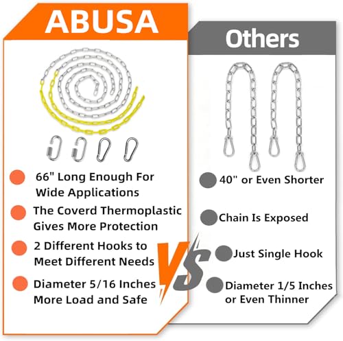 ABUSA 2Pcs 66" Swing Chains with 4Pcs Quick Connection Hooks, Heavy Duty Swing Hanging Chain Kit for Indoor Outdoor Playground Equipment,Swing Set,Boxing Bag and More, 1000 lb Capacity（SC006）