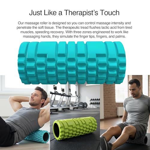 321 STRONG Foam Roller Set with: Hollow Core Roller, Muscle Roller Stick, Stretching Strap, Spikey Ball, Quick Start Guide, Carry Bag, and 4K eBook - color: Soft Teal
