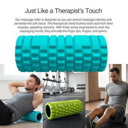 321 STRONG Foam Roller Set with: Hollow Core Roller, Muscle Roller Stick, Stretching Strap, Spikey Ball, Quick Start Guide, Carry Bag, and 4K eBook - color: Soft Teal