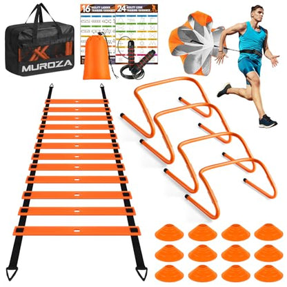 Agility Ladder, Agility Speed Training Equipment Set, 20ft Speed Ladder, 12 Soccer Cones, 4 Hurdles, Jump Rope, Running Parachute, Soccer Football Basketball Training Equipment Accessories