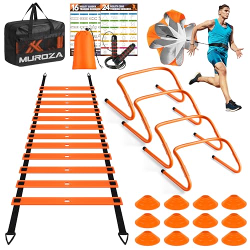 Agility Ladder Speed Training Equipment Set, Kids Soccer Goals for Backyard Set, 20ft Agility Ladder,12 Soccer Cones,4 Hurdles, Jump Rope, Running Parachute, Basketball Football Soccer Training Equipm