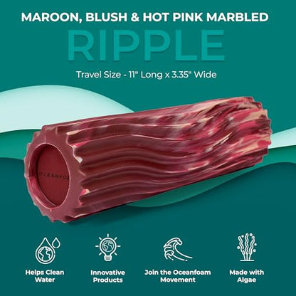 Oceanfoam Ripple Travel Foam Roller (11" x 3.35") Firm Mini Foam Roller for Physical Therapy, Deep Tissue Massage, Back Pain - High Density, Wave Textured - Yoga (Maroon, Blush & Hot Pink Marbled) - color: Maroon, Blush & Hot Pink Marbled