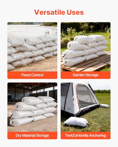 VEVOR Heavy Duty Sand Bags, 50Pack 14" x 26", Empty Sandbags for Flooding with Tie Strings, Woven Polypropylene Sand Bag with 1600 Hours of UV Protection, 50Lbs Capacity - size: 50 PACK