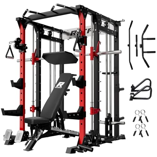 RitFit Buffalo Smith Machine, Power cage with LAT-Pull Down System & Cable Crossover System, All-in-One Squat Rack for Home Gym, Power Rack - color: RED, size: Buffalo