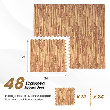 Giantex 12 Pcs Faux Wood Grain EVA Foam Tiles, 24"x24" Interlocking Floor - color: Light Oak, size: 48 Sq.Ft (12 Tiles)