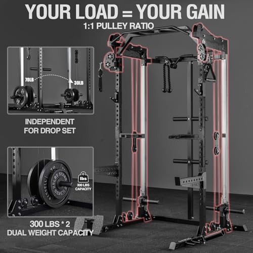 Mikolo HR06 Power Cage with Aluminum Pulleys, 2000LB Power Rack with Independent Dual Pulley System, Multi-Function Home Gym Workout Machine for Cable Crossover
