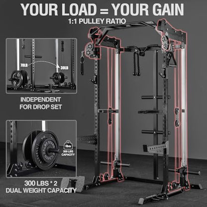 Mikolo HR06 Power Cage with Aluminum Pulleys, 2000LB Power Rack with Independent Dual Pulley System, Multi-Function Home Gym Workout Machine for Cable Crossover