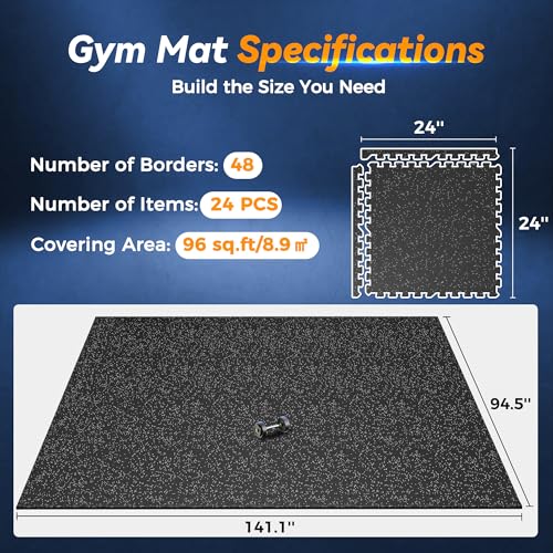 SUPERJARE 1" Extra-Thick Rubber Top Exercise Mat, Gym Flooring for Home Gym - size: 24 Tiles (96 Sq Ft)