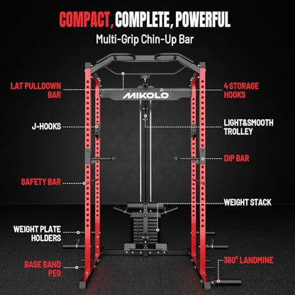 Mikolo F4 2.0 Power Cage with Dual-Track Smooth Pulley System, 1200LBS Power Rack with Leg Hold-Down for Heavy LAT Pulldowns - color: Red, size: F4 2.0 Elite (with Bench＆Bar）