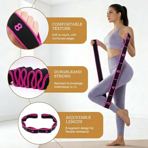 3 Pack Yoga Stretch Strap with Loops, Numbered Resistance Bands for Flexibility, 8-Section Elastic Exercise Bands for Pilates, Dance, Gymnastics & Warm Up (Blue, Purple, Rose Red)