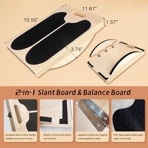 Wooden 2-in-1 Slant & Balance Board, Adjustable Wobble Design for Calf Stretch Exercise, Knee Ankle Heel Foot Pain Relief