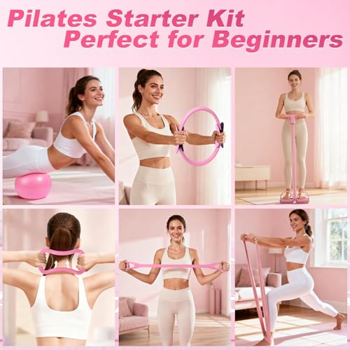 Pilates Kit 14 Pcs, Pilates Essentials Kit for Women, Pilates Equipment for Home with Yoga Circle Ball Ring, 5 Resistance Bands,Pedal Puller Resistance Band,Anti-Slip Socks for Starter Set Accessories