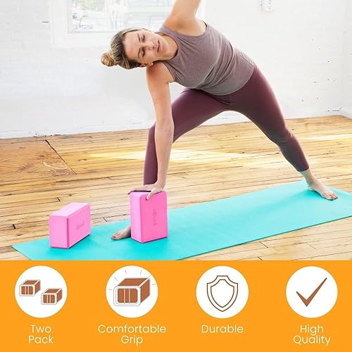 Sol Living Yoga Blocks 2 Pack High Density EVA Foam Yoga Cushion Stretching Pilates Meditation Exercise Equipment Support Deepen Poses Odor Free Non Slip Yoga Accessories - 4" x 6" x 9"- Pink - color: Pink
