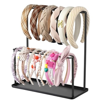 Headband Holder Organizer Metal 2-Tier with Tray: Hair Accessories Display Stand Storage Hairband Rack Necklace Stand Home Bedroom for Girls Women, Black