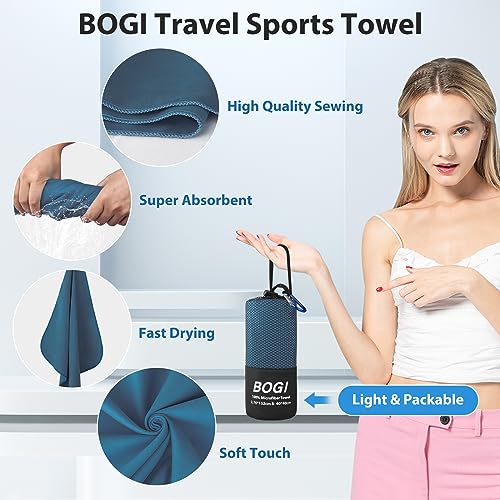 BOGI Microfiber Travel Sports Towel-Quick Dry, Soft Lightweight, Absorbent, Compact for Camping, Gym, Yoga, Swimming, Backpacking (L:60''x30''+16''x16''-Nblue)