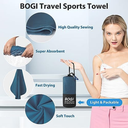 BOGI Microfiber Travel Sports Towel-Quick Dry, Soft Lightweight, Absorbent, Compact for Camping, Gym, Yoga, Swimming, Backpacking (L:60''x30''+16''x16''-Nblue)