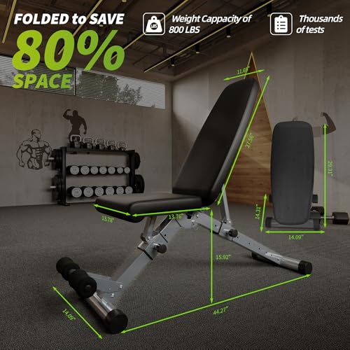 Adjustable Foldable Weight Bench for Home Gym, 800LBS Heavy Duty Strength Training Bench with Leg Extension, Incline Decline Flat Utility Bench for Full Body Workout Benches with Quick Folding