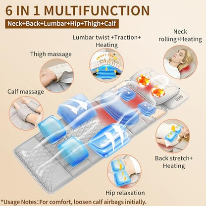 Full Body Massage Mat with Heat,Back Massager Pad with Detachable Shiatsu Neck Massager,3D Body Stretching & Lumbar Traction,4 Vibrating Motors,2 Heat Levels,Gifts for Men Women