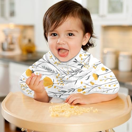 Yellow Flowers Muslin Burp Cloths 4 Pack - Extra Large 22"x11", 4-Layer Soft Absorbent Cotton, Waterproof Backing, Baby Drool Rags for Newborn