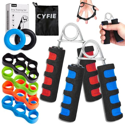 Hand Grip Strengthener Set 8 Pack, 2 Foam Grippers, 4 Finger Exercisers, 2 Grip Rings, Wrist Forearm Exerciser for Hand Strength, Finger Strength, Physical Therapy & Stress Relief