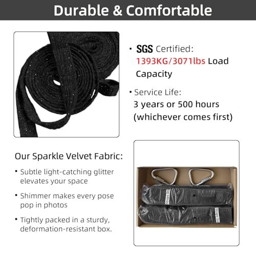 PRIOR FITNESS Aerial Straps Kit, Sparkling & No-Sparkling 3m/9.8ft Aerial Yoga Ropes for Trapeze w/SGS Certificate , Glitter Velvet Covers For Acrobtic Circus Props & Fitness with Wrist Lockers, and Carabiners (1 Pairs) - color: Glitter Black
