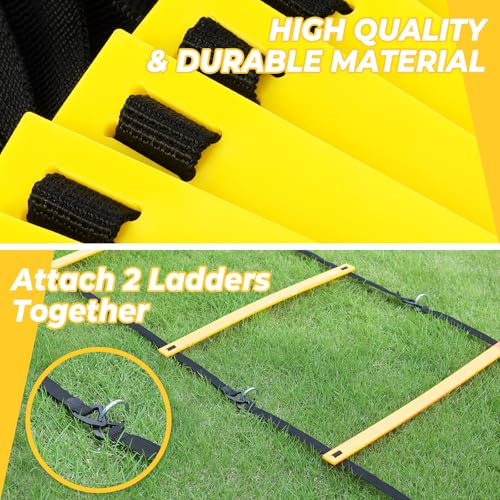 GHB Pro Agility Ladder Soccer Kick Trainer Set 20ft 12 Rung 10 Cones and 4 Stakes Speed Agility Football Training Equipment with Carrying Bag - color: Yellow