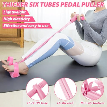 17 Pcs Home Pilates Kit with Resistance Bands 6 Tube Pedal Puller Resistance Band Set for Women Weight Loss Leg Training Workout Equipment Gym Exercise Equipment Beginners Yoga - color: Pink