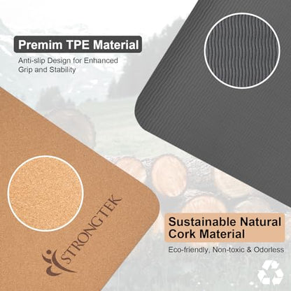 StrongTek Eco-Friendly Cork Yoga Mat, 7mm Thick, 72"x24", Cork+TPE, 2 lbs, Non-Slip, Lightweight & Cushioned Mat for Hot Yoga, Pilates & Home Fitness, Durable Surface with Natural Grip and Carry Strap