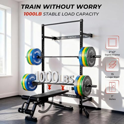 Mikolo 2" x 2" Folding Wall Mounted Squat Rack, 1000 Pounds Capacity Power Rack with Pull Up Bar, J Hooks and Other Attachments, Space-Saving Home Gym - color: Black, style: Home Gym Package (230 LBS)
