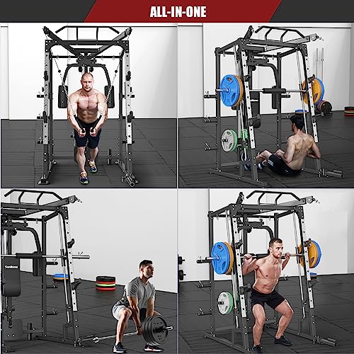 SunHome Smith Machine, Power Cage Squat Rack with Smith Bar, LAT Pull-Down Systems, Cable Crossover Machine and Cable Attachment for Home Gym