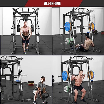 SunHome Smith Machine, Power Cage Squat Rack with Smith Bar, LAT Pull-Down Systems, Cable Crossover Machine and Cable Attachment for Home Gym