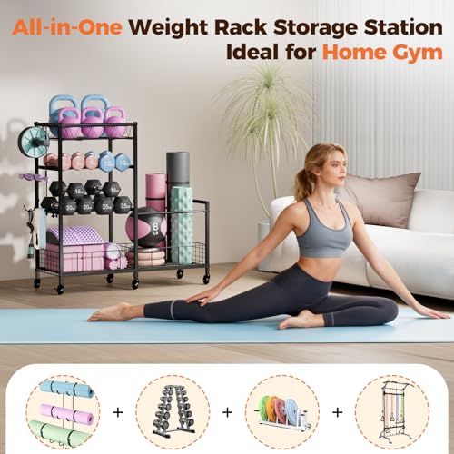 HavenlyYouth Dumbbell Rack, Home Gym Weight Rack Storage, Adjustable Dumbbell Stand Organizer with Wheels, Holds Dumbbells, Kettlebells, Yoga Mats