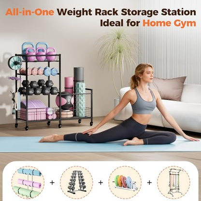 HavenlyYouth Dumbbell Rack, Home Gym Weight Rack Storage, Adjustable Dumbbell Stand Organizer with Wheels, Holds Dumbbells, Kettlebells, Yoga Mats