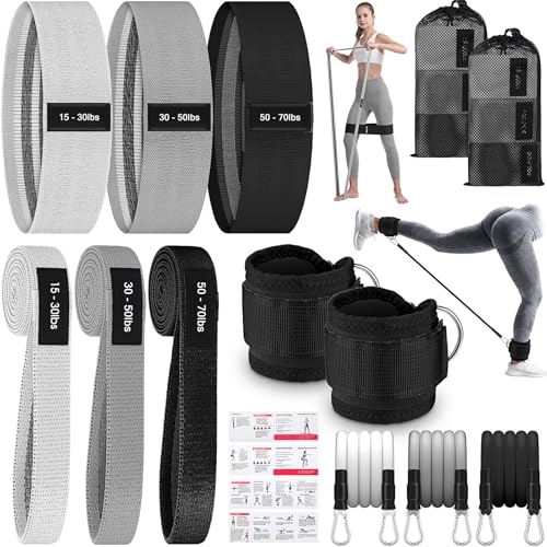 9 Pcs Fabric Resistance Band Set for Women, Booty & Glute Workout Bands with 6 Fabric + 3 Ankle Straps Non-Slip for Training, Yoga, Fitness, Gym & Pilates with Carry Bag