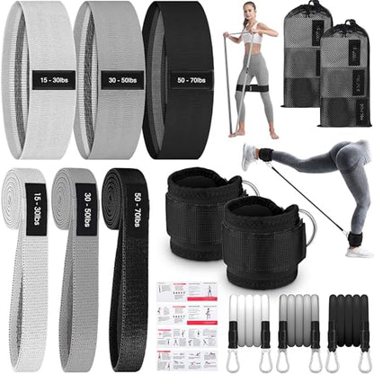 9 Pcs Fabric Resistance Band Set for Women, Booty & Glute Workout Bands with 6 Fabric + 3 Ankle Straps Non-Slip for Training, Yoga, Fitness, Gym & Pilates with Carry Bag