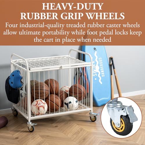 MyGift Large Capacity Metal Rolling Multi Sports Ball Cage Storage Hopper, Gym Equipment Basket Cart with Lockable Latch, Heavy Duty Caster Wheels, and 8 Accessory Hooks