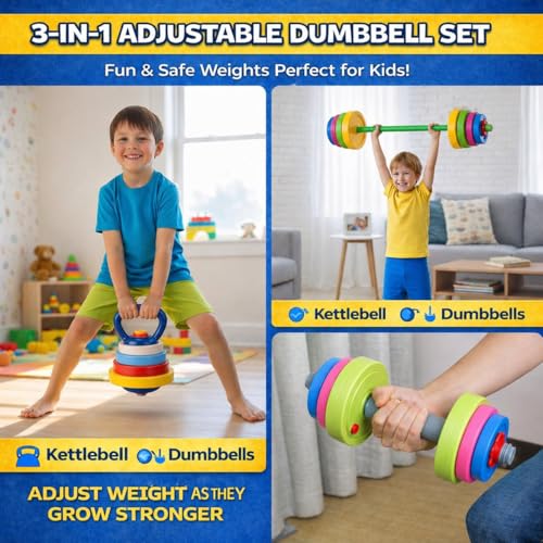 Kids Exercise Weight Set - 3-in-1 Adjustable Workout Toy Equipment for Children Pretend Play Exercise - Toddler Beginner Gym, Fitness, Weightlifting and Powerlifting (Dumbbell, Barbell, Kettlebell)